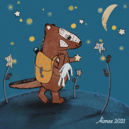 Digital children's art by Aimee Haburjak - Badger Star Gazing